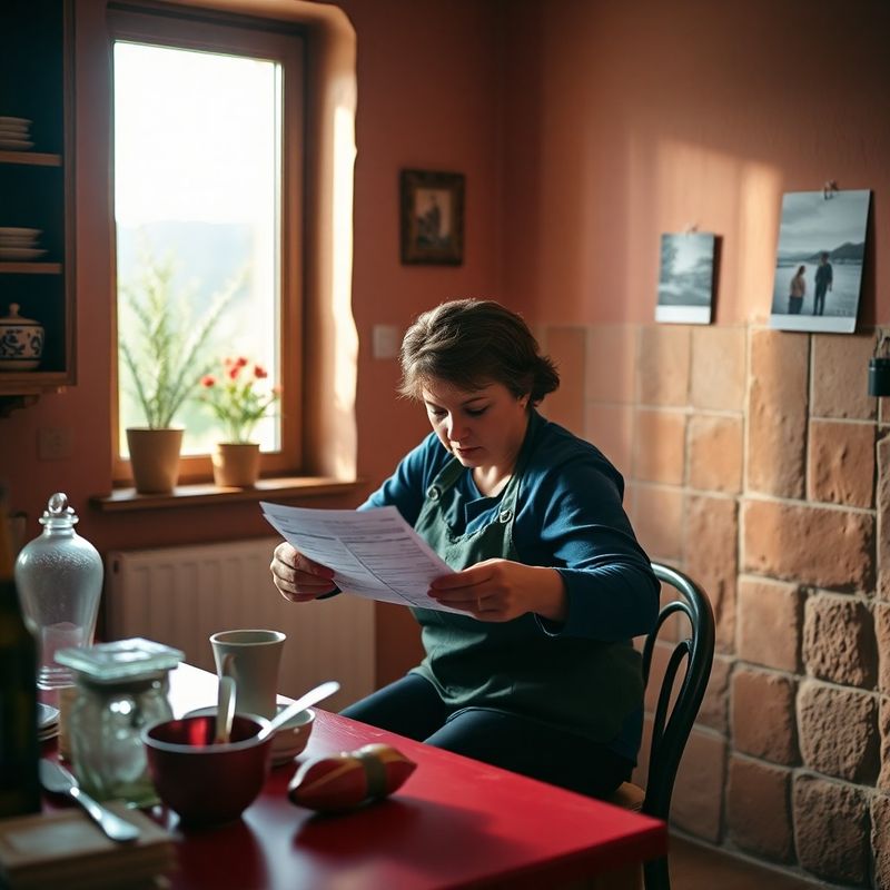 Radnik za kuhinjskim stolom pregledava obračun plaće u toplom jutarnjem svjetlu
